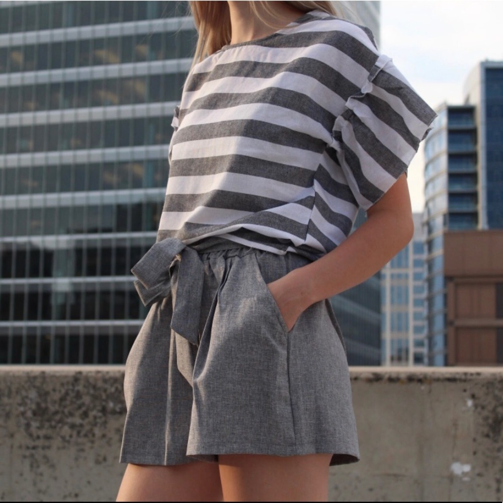 Gray stripe shirt and tie waist short set